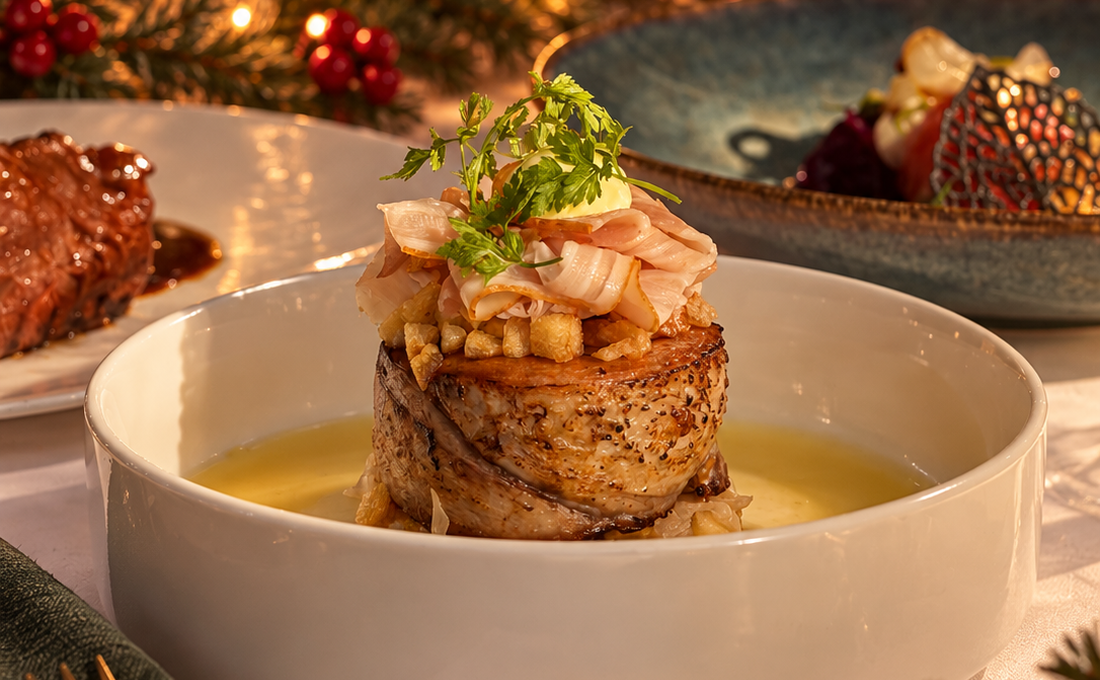Feestelijk kerstdiner met gastronomisch gerecht